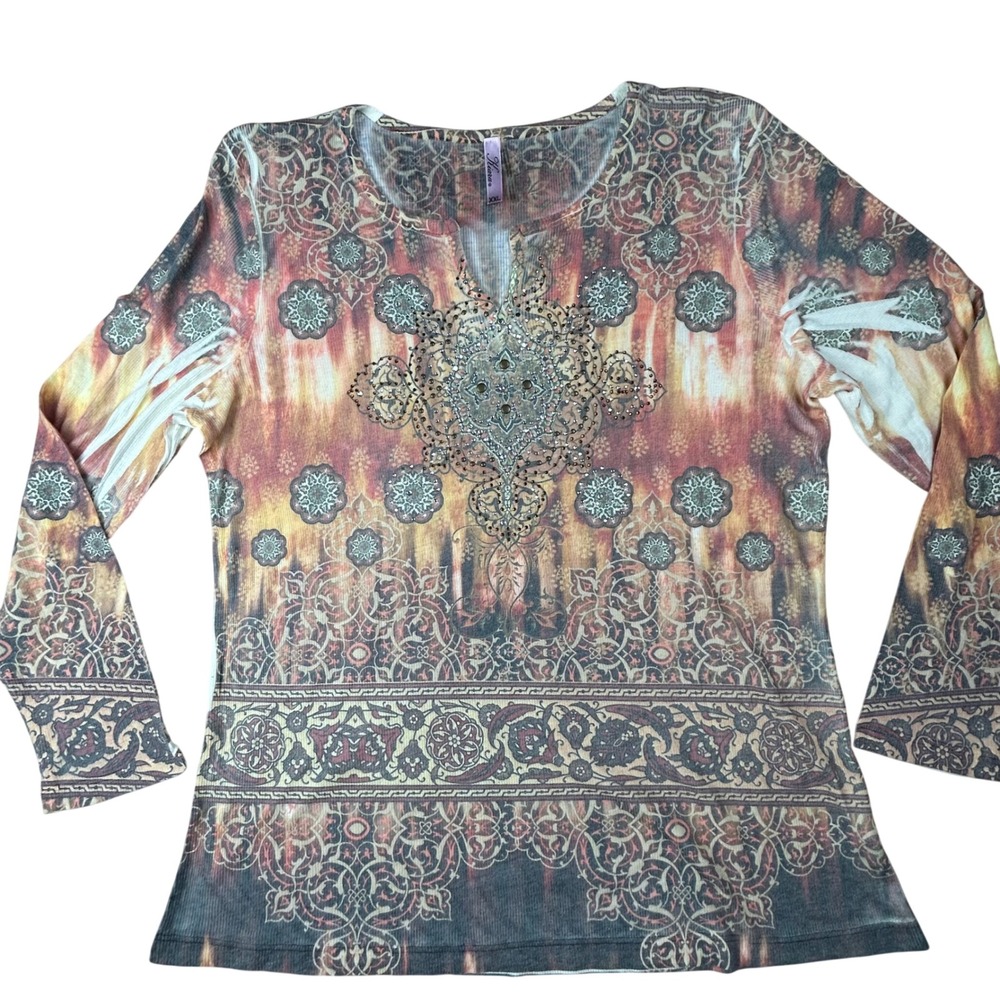 Kiara Women XXL Orange Paisley Medallion Rhinestone Embellished Ribbed Top